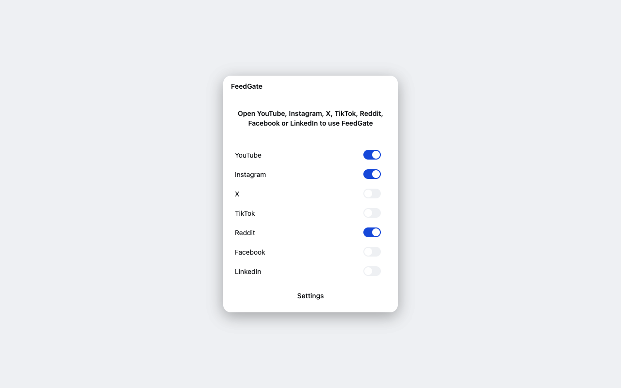 FeedGate popup listing the seven supported sites, with YouTube, Instagram and Reddit switched on
