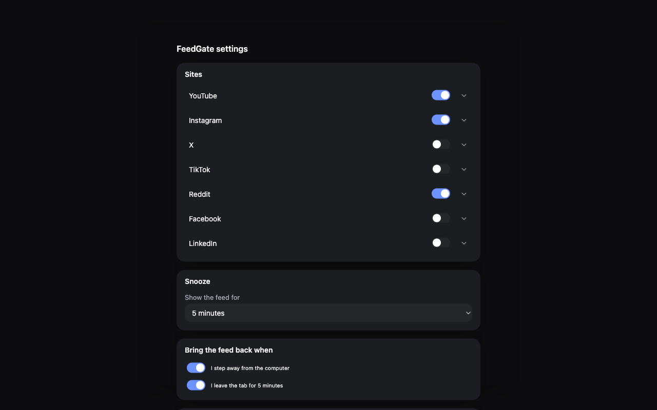 The same settings page in dark mode