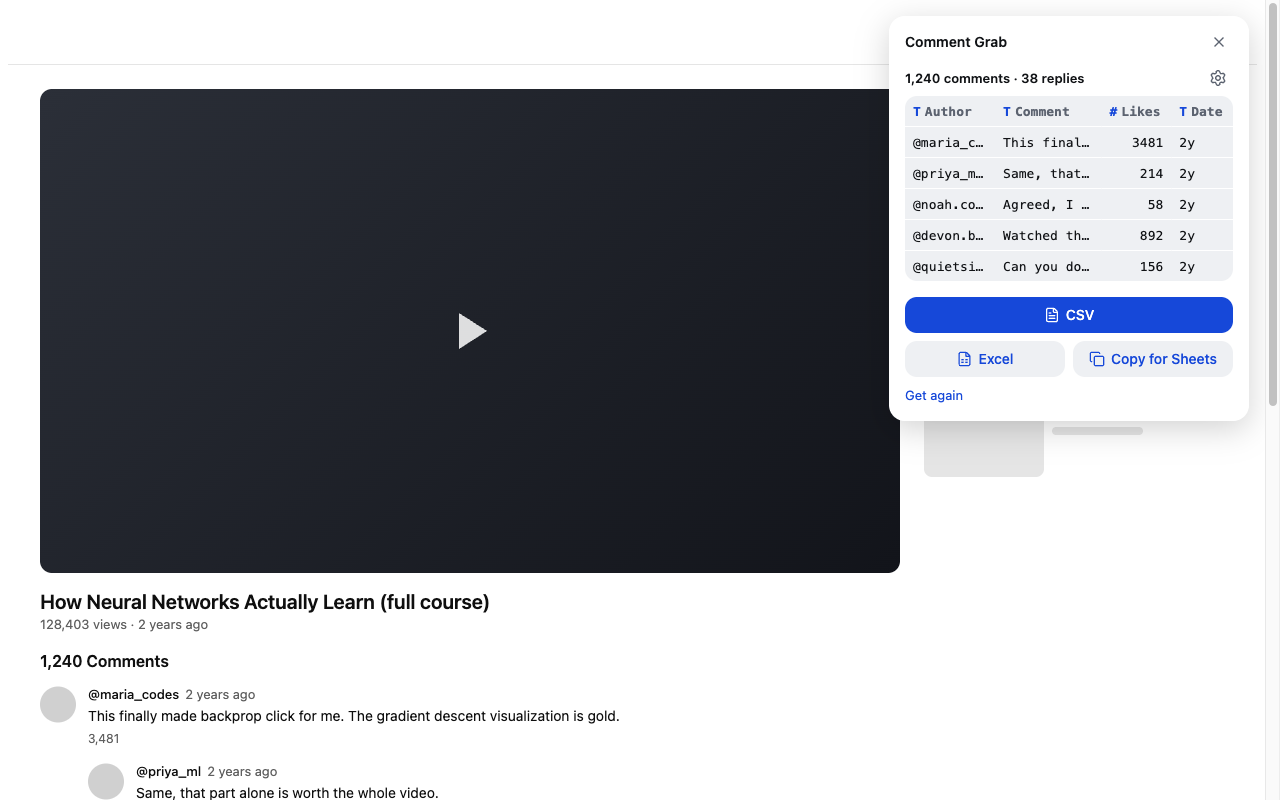 Comment Grab panel open on a video: 1,240 comments loaded with a preview table of author, comment, likes and date, and CSV / Excel / Copy for Sheets buttons