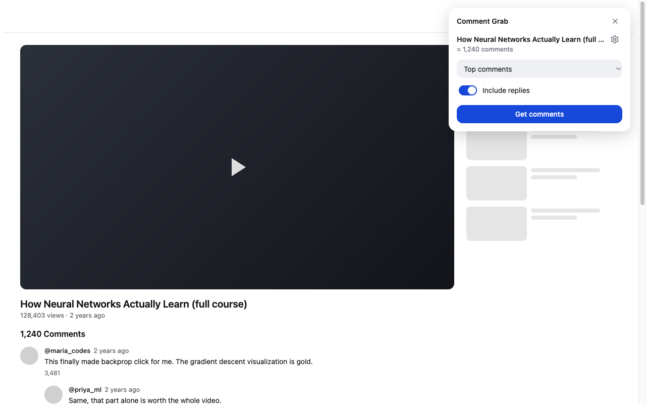 The panel before an export, offering to collect the comments of the current video