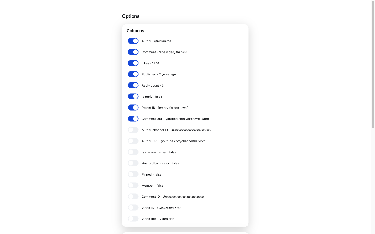 Options page: pick which columns to export, the CSV delimiter, sort order and whether to include replies